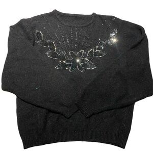 Unlabeled Embroidered Sequin Black Sweater Size M Great Condition Fuzzy Texture